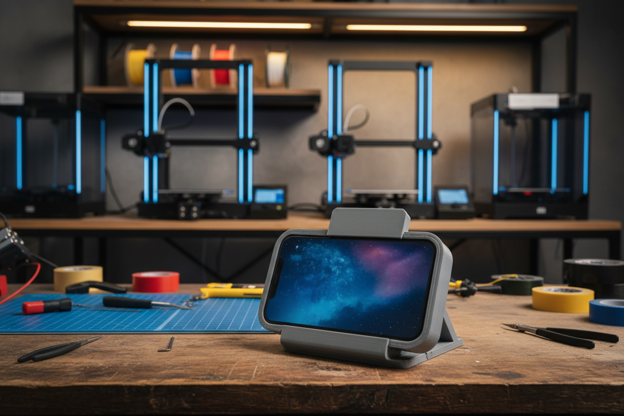 3d printed iphone stand with a 3d print workshop in the background
